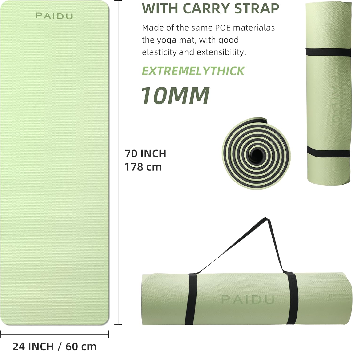 PAIDU Yoga Mat Non Slip Anti-tear,extra thick High Resiliency Professional POE Yoga Mats for Women Men Kids,70