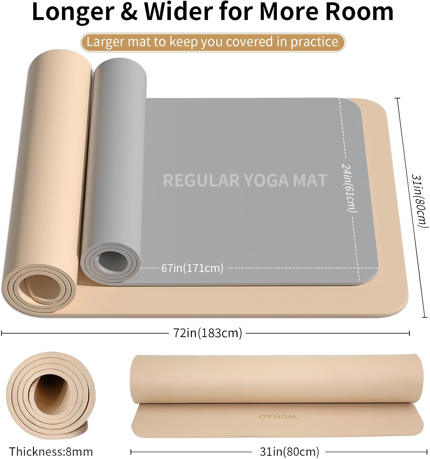 WOHAO Roll over image to zoom in Non-Slip Yoga Mat, Extra Thick 8mm，72