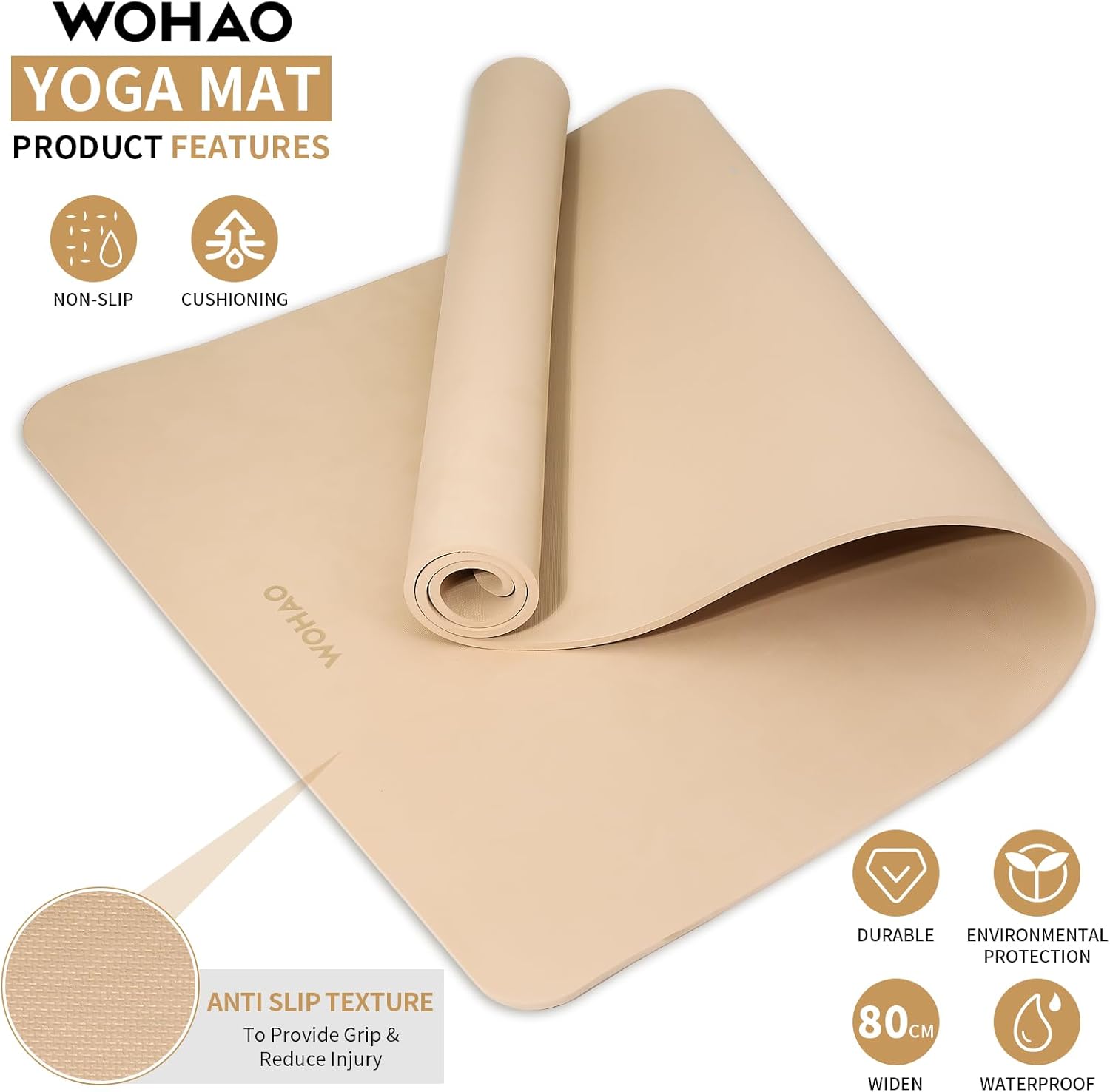 WOHAO Roll over image to zoom in Non-Slip Yoga Mat, Extra Thick 8mm，72