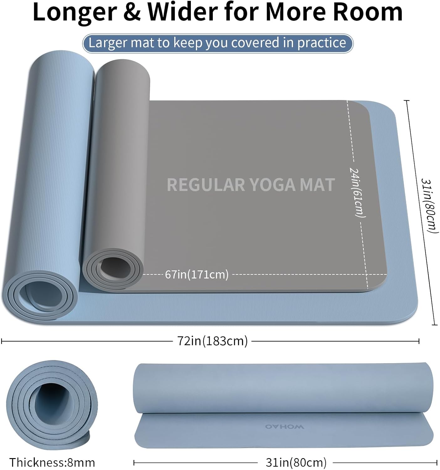WOHAO Roll over image to zoom in Non-Slip Yoga Mat, Extra Thick 8mm，72