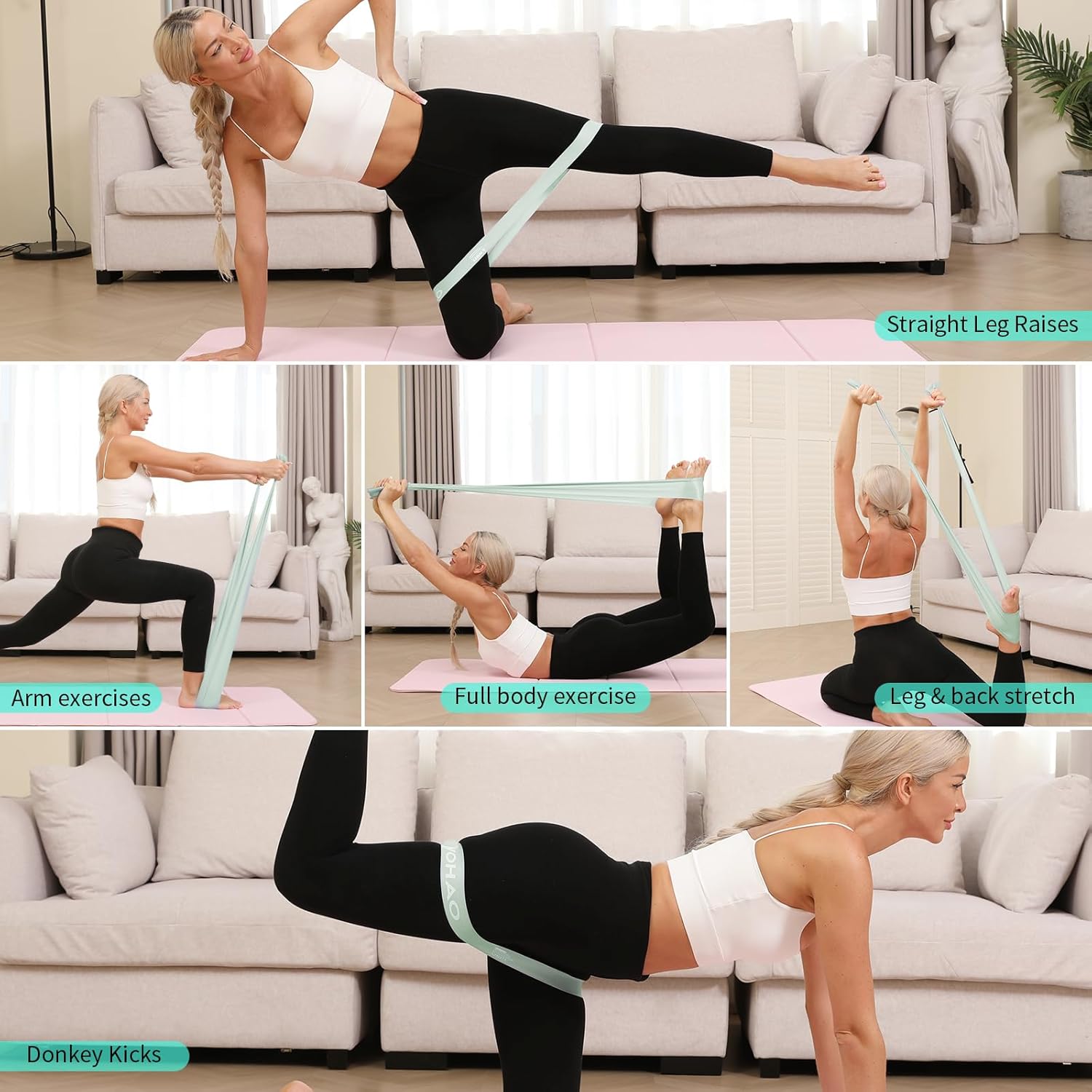 WOHAO Resistance Band Set, Two Resistance Levels, Stretch Bands for Working Out Women or Men, Strength Training, Home Fitness, Toning, Stretching, Yoga, Pilates