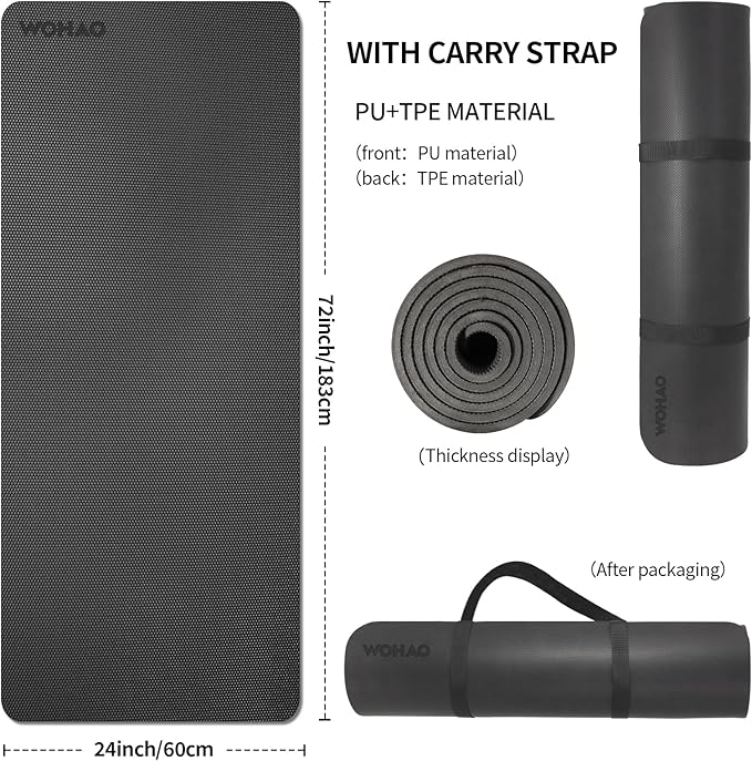 WOHAO Extra Thick TPE+PU Yoga Mat 71L x 24W x 0.33T, Non-Slip Eco-Friendly Exercise Mat with Carrying Strap, High-Density Cushion for Joint Support, Portable & Easy-Clean for Gym, Pilates, Yoga