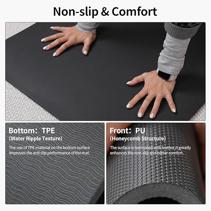 WOHAO Extra Thick TPE+PU Yoga Mat 71L x 24W x 0.33T, Non-Slip Eco-Friendly Exercise Mat with Carrying Strap, High-Density Cushion for Joint Support, Portable & Easy-Clean for Gym, Pilates, Yoga