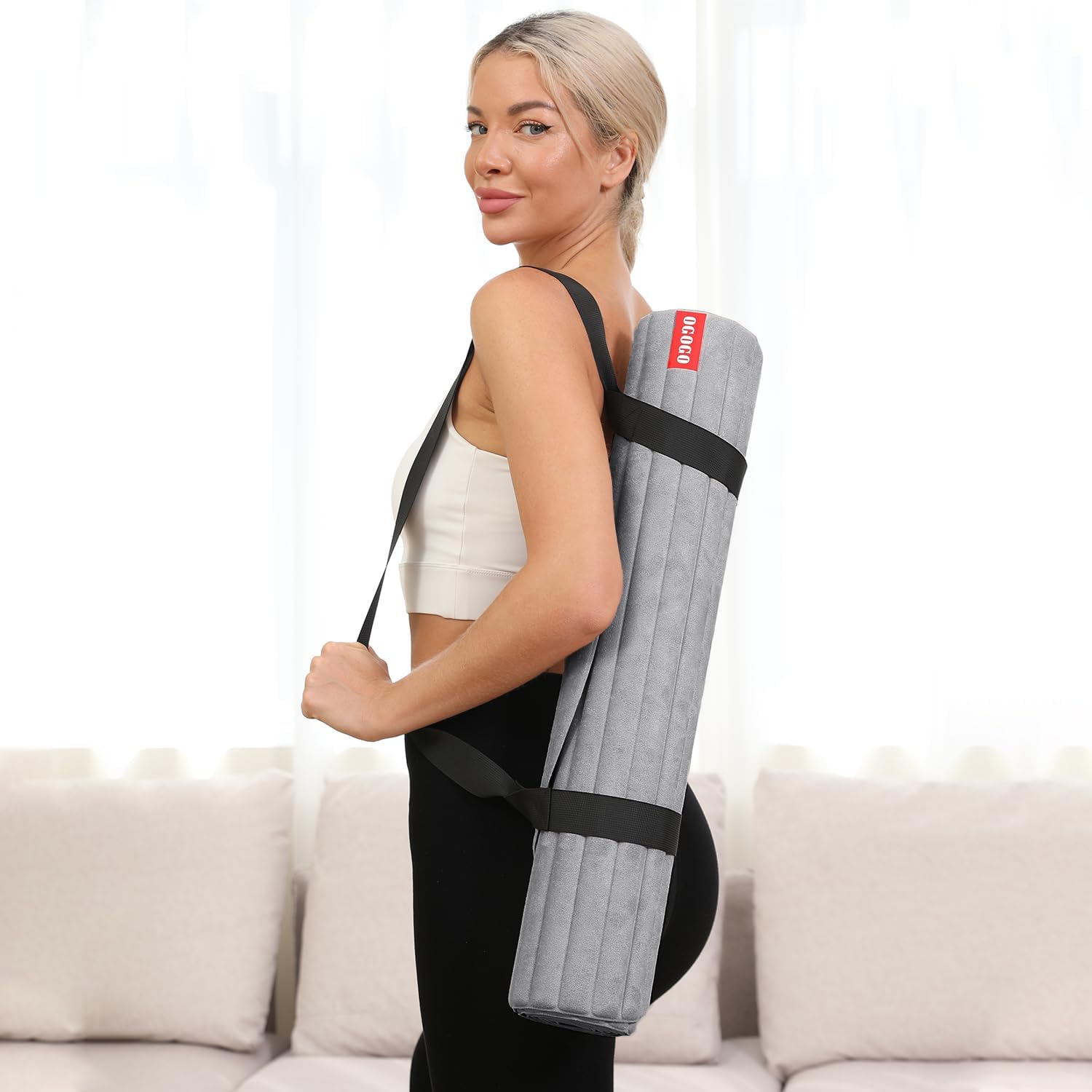 OGOGO Fitness Mat with Suede Finish, Extra Long and Wide 74 x 26 x 1/3 Thick POE Material, Wavy Texture Non-Slip Design, Reinforced Edges, Includes Carrying Strap