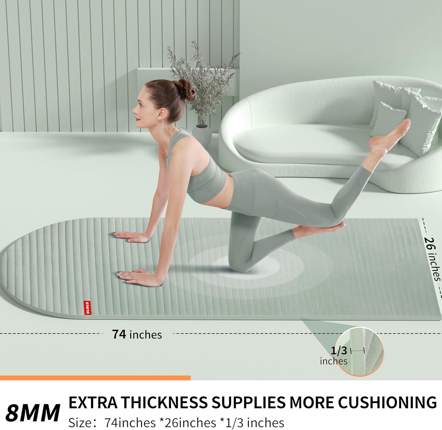 OGOGO Fitness Mat with Suede Finish, Extra Long and Wide 74 x 26 x 1/3 Thick POE Material, Wavy Texture Non-Slip Design, Reinforced Edges, Includes Carrying Strap