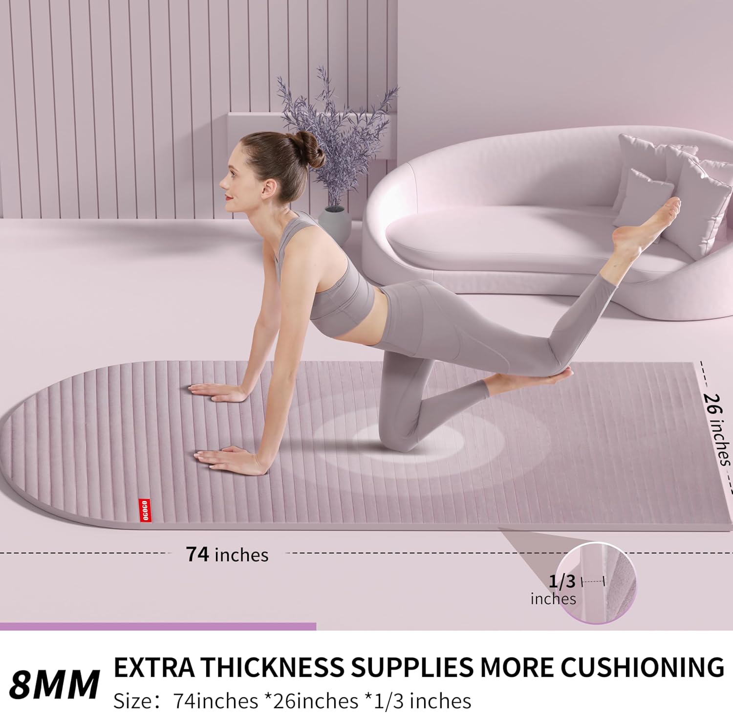 OGOGO Fitness Mat with Suede Finish, Extra Long and Wide 74 x 26 x 1/3 Thick POE Material, Wavy Texture Non-Slip Design, Reinforced Edges, Includes Carrying Strap