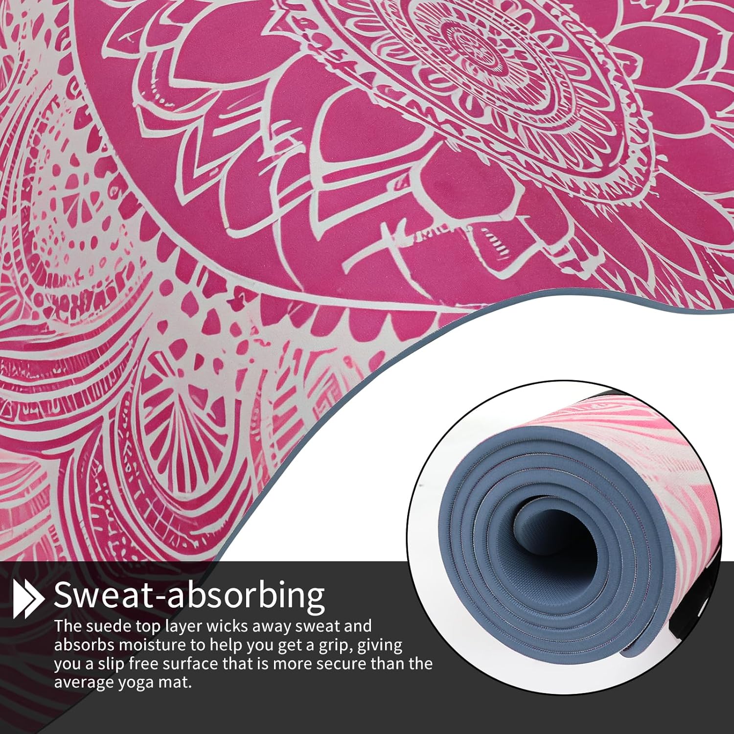 Hot Yoga Mat Printed, Thick 6mm Non Slip Suede tpe yoga Mat with Strap for Women Men Yoga, Pilates, Exercise, Fitness, Floor, Workouts Pink Lotus