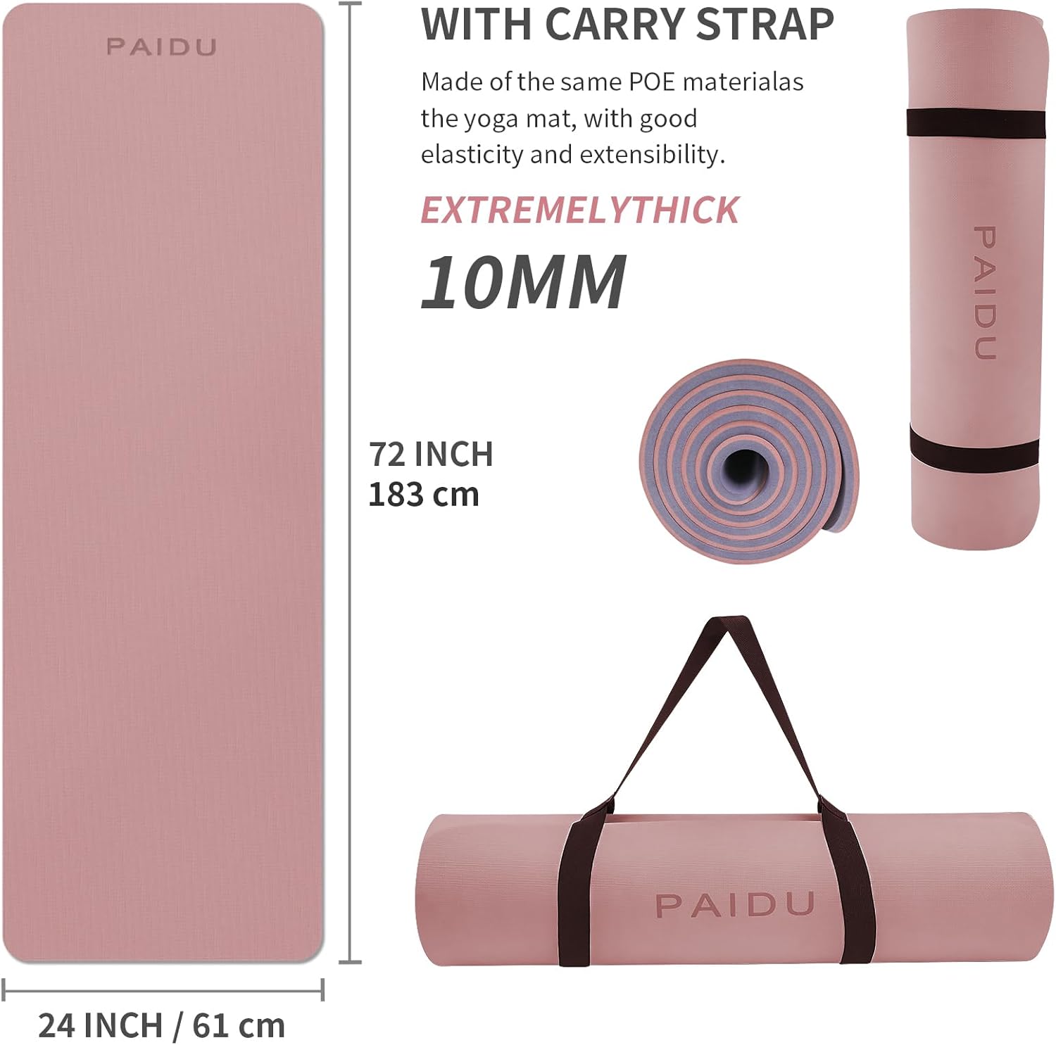 PAIDU Yoga Mat Non Slip Anti-tear,extra thick High Resiliency Professional POE Yoga Mats for Women Men Kids,70