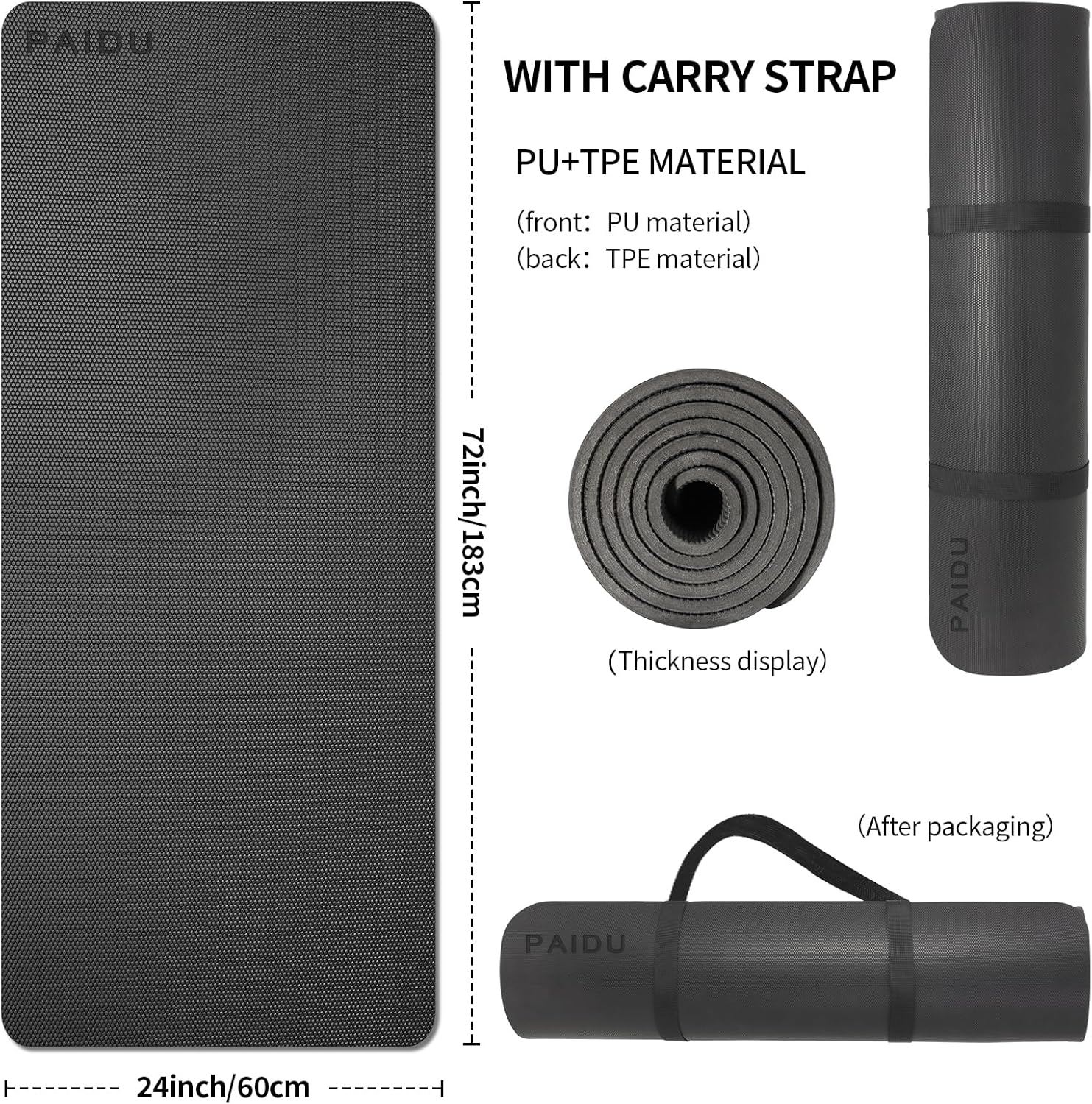 PAIDU Yoga Mat Anti-slip, PU+TPE Upgraded Material, Anti-tear Black Professional Yoga Mat,, For Both Men and Women - 7mm Thick Environmentally Friendly , Ideal Anti-slip Exercise Mat for Yoga, Pilates, Fitness Exercise, with Back Strap, Black