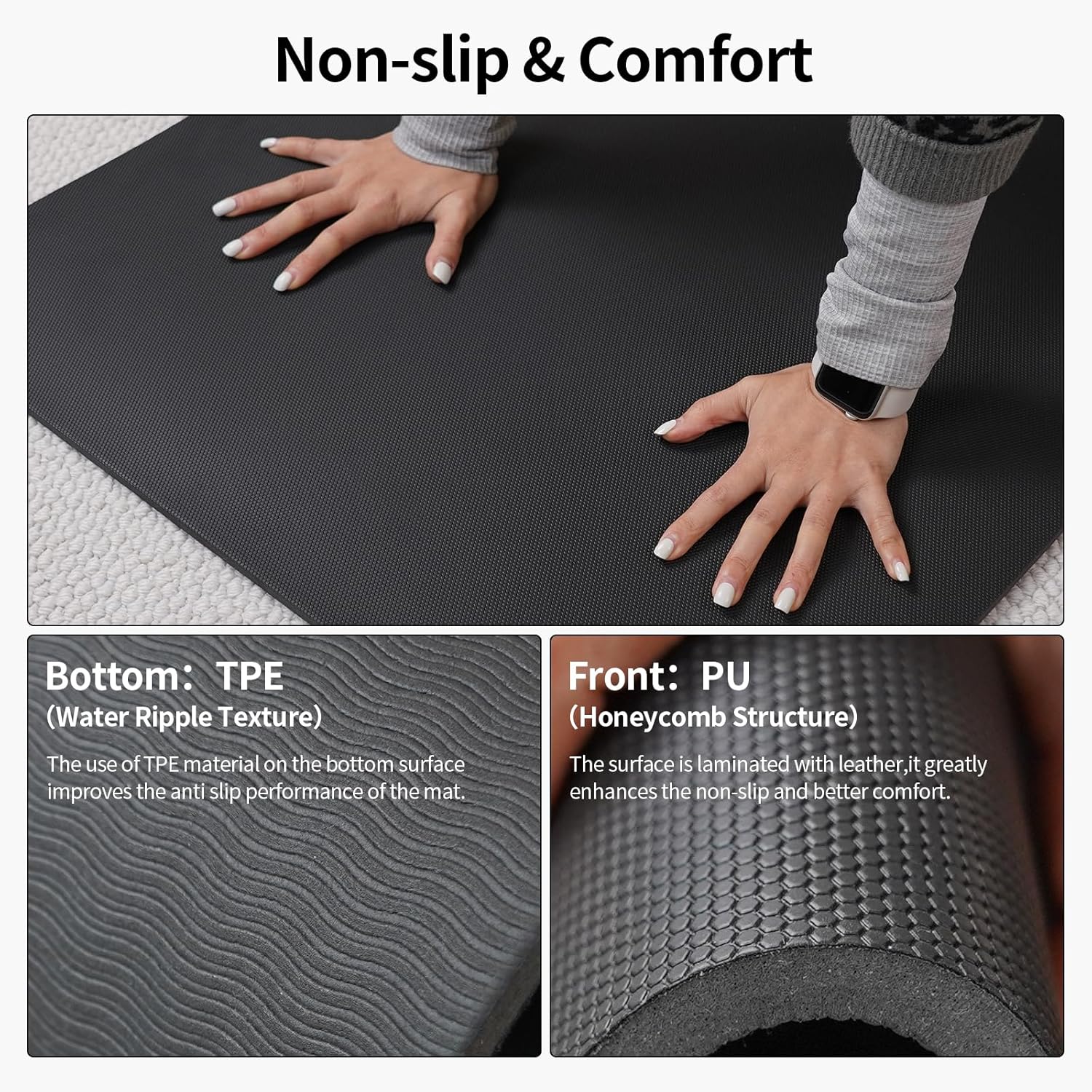 PAIDU Yoga Mat Anti-slip, PU+TPE Upgraded Material, Anti-tear Black Professional Yoga Mat,, For Both Men and Women - 7mm Thick Environmentally Friendly , Ideal Anti-slip Exercise Mat for Yoga, Pilates, Fitness Exercise, with Back Strap, Black
