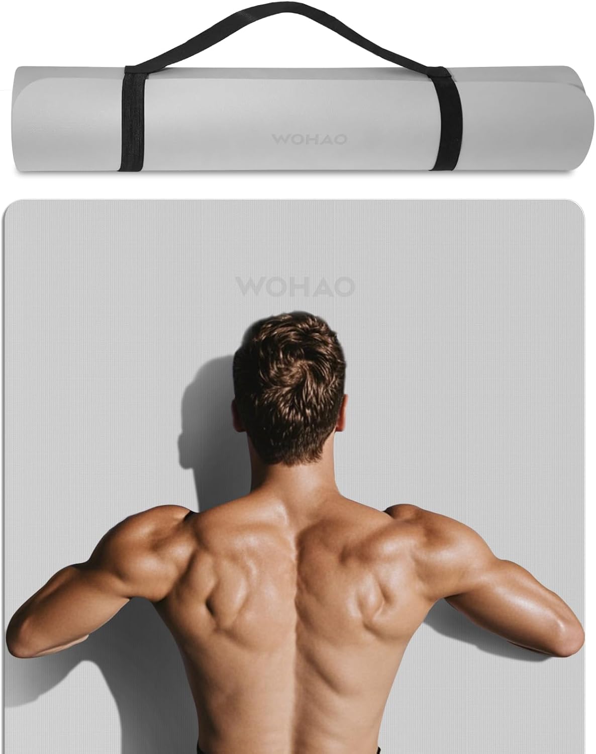 WOHAO Roll over image to zoom in Non-Slip Yoga Mat, Extra Thick 8mm，72" x 32" Large Exercise Mat, Non-Toxic & Odorless, Durable with Carrying Strap for Yoga, Pilates, Home Gym