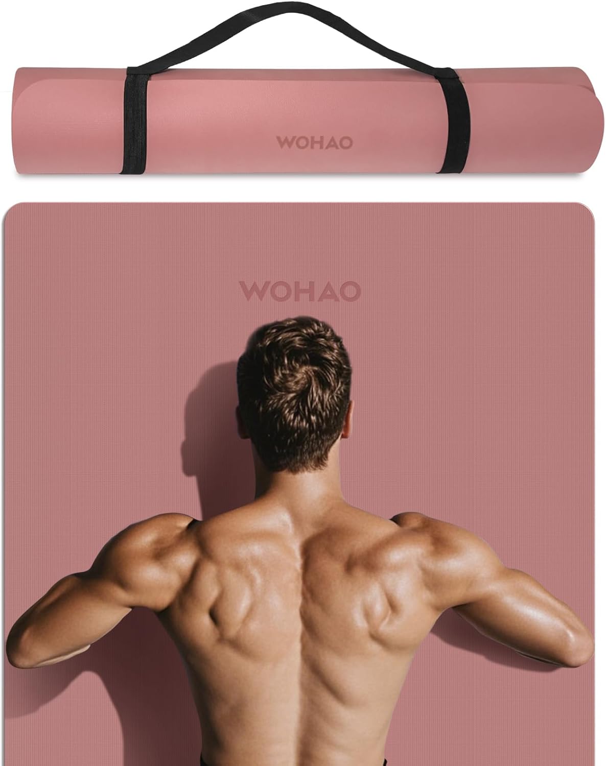 WOHAO Roll over image to zoom in Non-Slip Yoga Mat, Extra Thick 8mm，72" x 32" Large Exercise Mat, Non-Toxic & Odorless, Durable with Carrying Strap for Yoga, Pilates, Home Gym