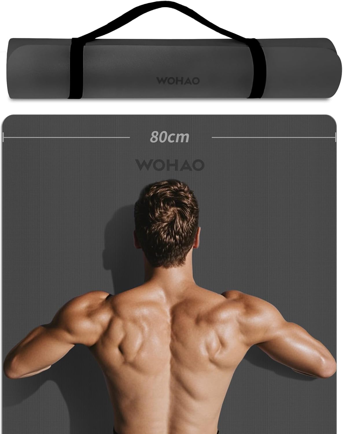 WOHAO Roll over image to zoom in Non-Slip Yoga Mat, Extra Thick 8mm，72" x 32" Large Exercise Mat, Non-Toxic & Odorless, Durable with Carrying Strap for Yoga, Pilates, Home Gym