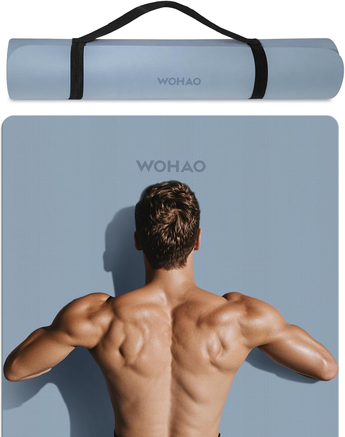 WOHAO Roll over image to zoom in Non-Slip Yoga Mat, Extra Thick 8mm，72" x 32" Large Exercise Mat, Non-Toxic & Odorless, Durable with Carrying Strap for Yoga, Pilates, Home Gym