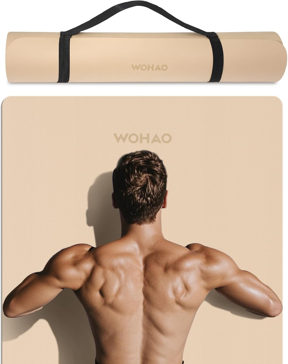 WOHAO Roll over image to zoom in Non-Slip Yoga Mat, Extra Thick 8mm，72" x 32" Large Exercise Mat, Non-Toxic & Odorless, Durable with Carrying Strap for Yoga, Pilates, Home Gym