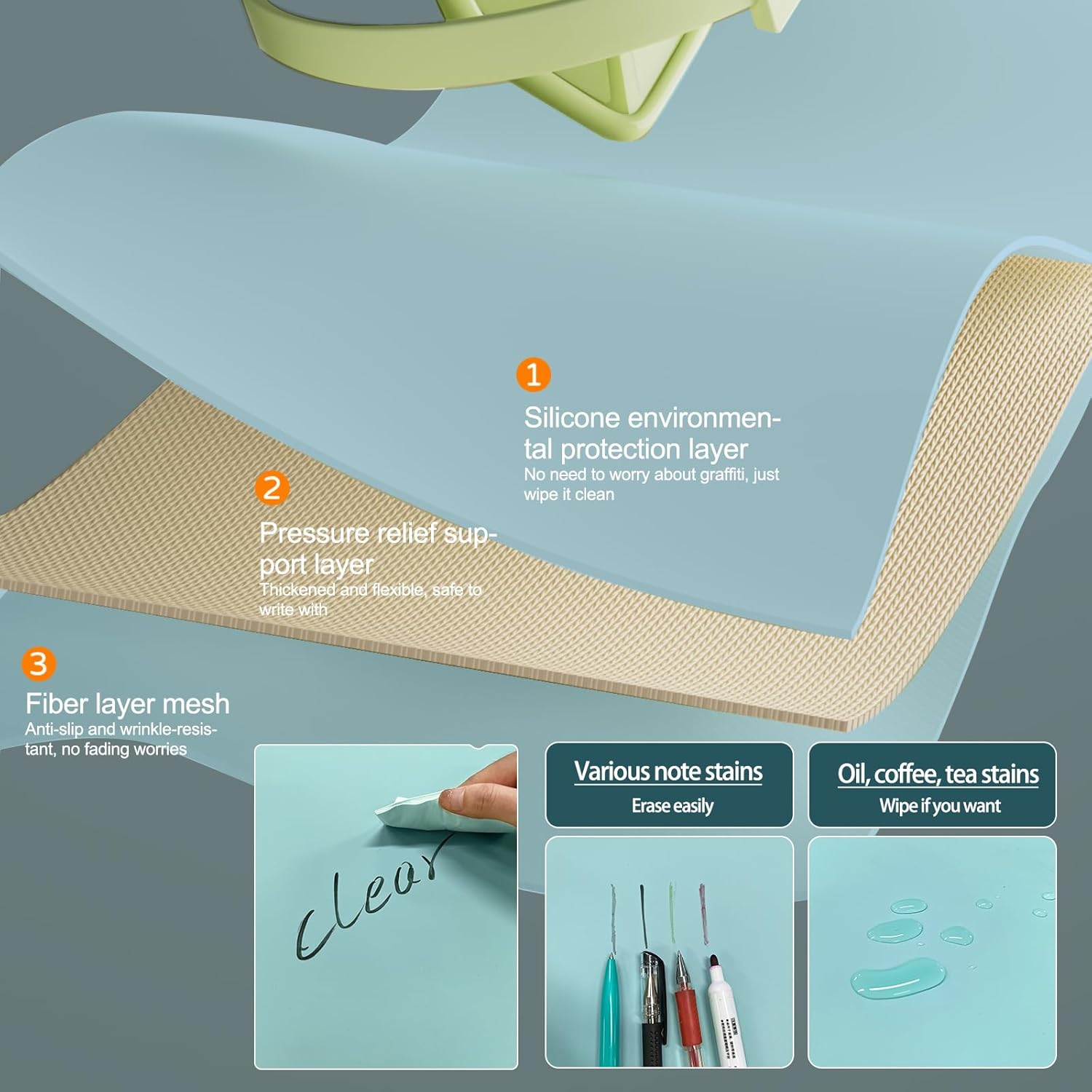 WOHAO Reusable Writing Surface Desk Pad, PU with Silicone Coating, Multi-Color Non-Slip Mouse Pad, Wipeable Table Protector for Office/Home/Kitchens (Blue, 60x120cm)