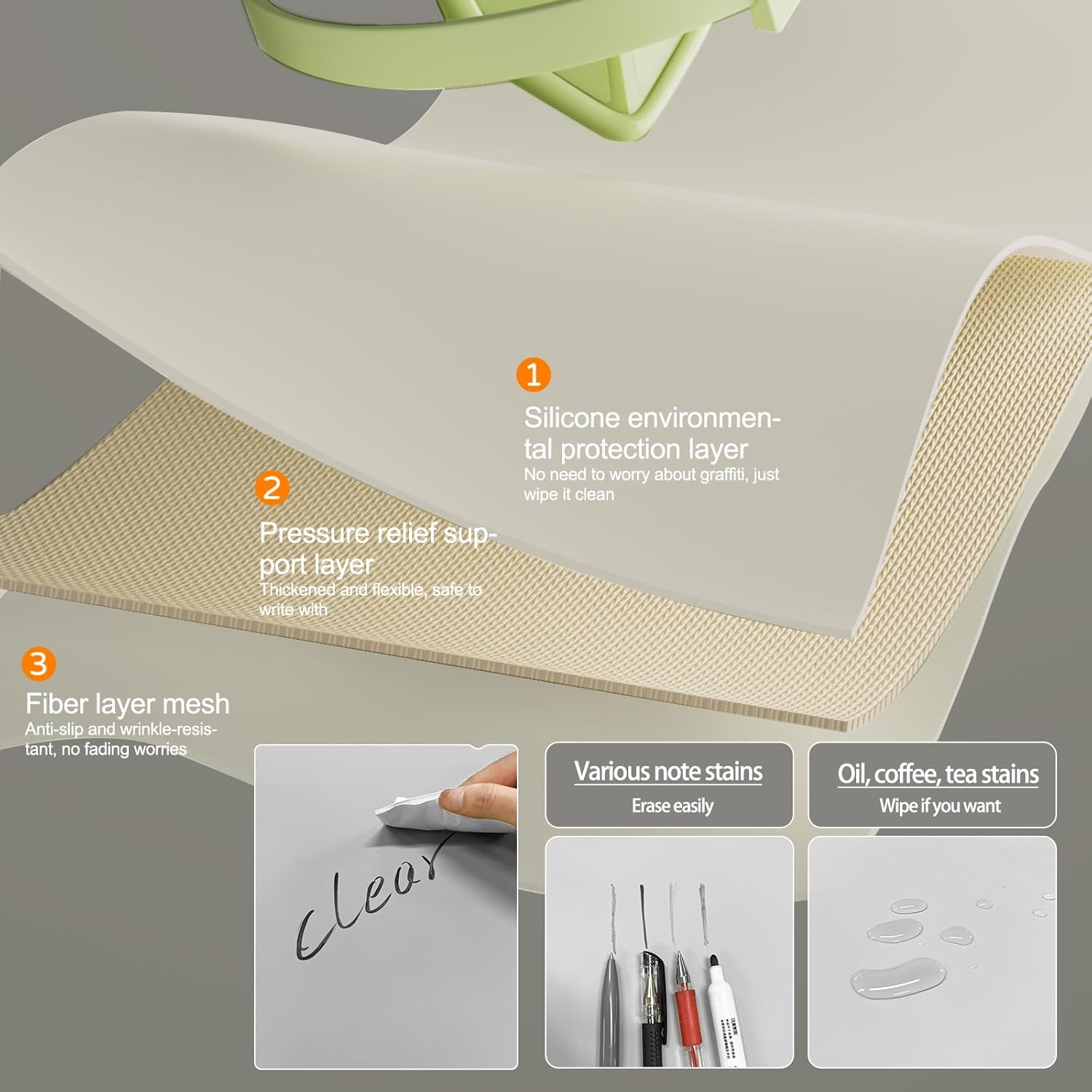 WOHAO Reusable Writing Surface Desk Pad, PU with Silicone Coating, Multi-Color Non-Slip Mouse Pad, Wipeable Table Protector for Office/Home/Kitchens (Gray,60x120cm)