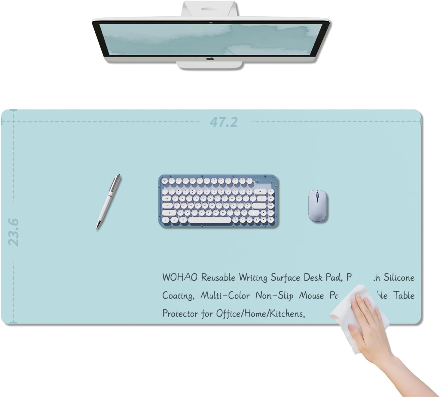 WOHAO Reusable Writing Surface Desk Pad, PU with Silicone Coating, Multi-Color Non-Slip Mouse Pad, Wipeable Table Protector for Office/Home/Kitchens (Blue, 60x120cm)
