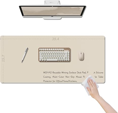 WOHAO Reusable Writing Surface Desk Pad, PU with Silicone Coating, Multi-Color Non-Slip Mouse Pad, Wipeable Table Protector for Office/Home/Kitchens (Khaki, 40x100cm)