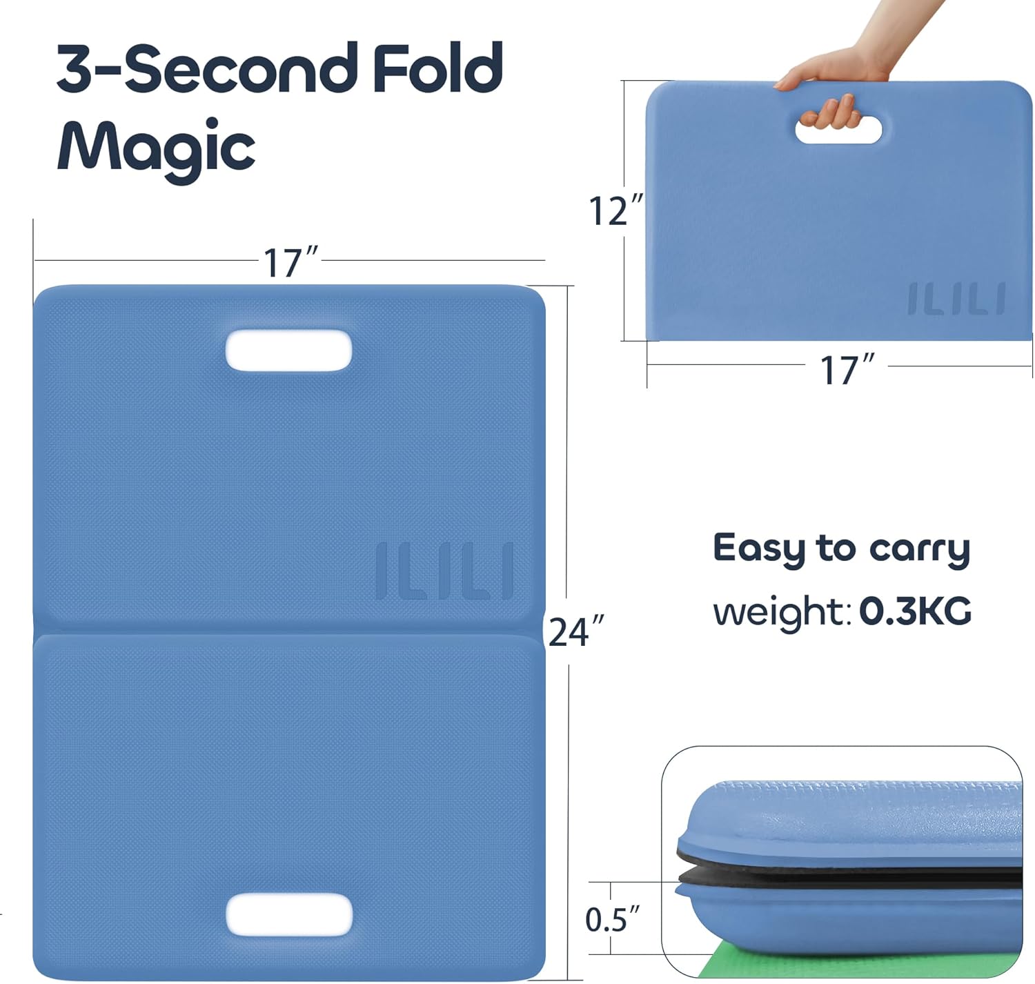 Foldable Garden Kneeling Pad - Waterproof Leather Bottom & TPE Material Top, Anti slip and Wear resistant, Carry Handle, 0.5 Inch Thick Cushioned, Knee Pad for Gardening, Cleaning, Kneeling Work